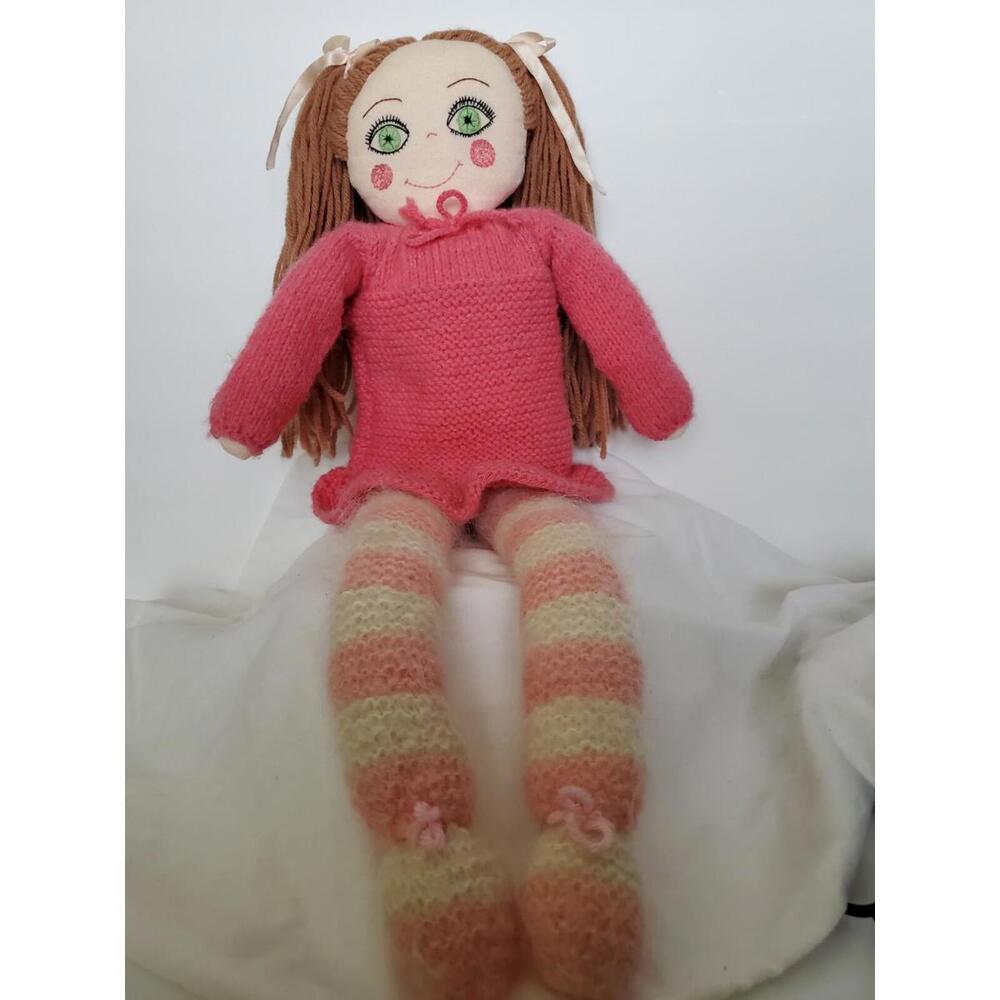 VINTAGE Handmade 24" Rag Doll with Embroidered face, wool hair & knit dress OOAK